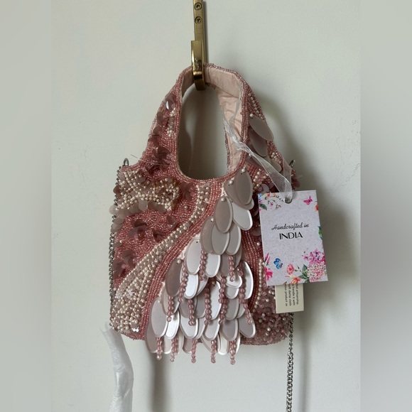 Handbags - Viral Beaded blush pink Sequins hand Bag with silver chain strap